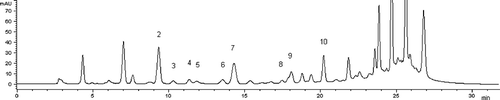 Figure 2 HPLC chromatogram of a homemade tarhana sample (T3). Peak identification - 2: putrescine; 3: cadaverine; 4: tryptamine; 5: 2-phenylethylamine; 6: spermidine; 7: 1,7-diaminoheptane (IS); 8: spermine; 9: histamine; 10: tyramine.