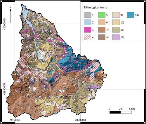 Figure 2. Bedrock lithology map of the study area: (1) Anthropic deposits; (2) Alluvial deposits; (3) Alluvial fan and talus deposit; (4) Colluvium and old landslide deposits; (5) Evaporitic rocks; (6) Sandstones; (7) Flysch Numidico pelites; (8) Flysch Numidico sandstones/conglomerates; (9) ‘Terravecchia’ pelites; (10) ‘Terravecchia’ sandstones/conglomerates; (11) ‘Varicolori’ clays; (12) Calcareous and clayey marls; (13) Lithoid units.