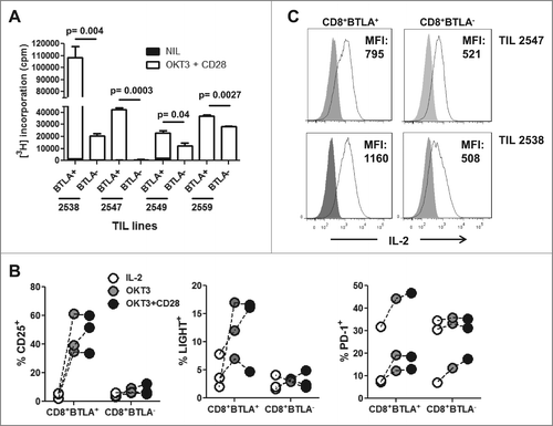 Figure 4. CD8+BTLA+ TIL are more responsive to TCR stimulation and produce more IL-2. (A) Sorted CD8+BTLA+ and CD8+BTLA− cells were stimulated with plate-bound anti-CD3 (OKT3) and anti-CD28 (OKT3+CD28) or not stimulated (NIL) in the absence of IL-2 for 3 d Cells were pulsed with 1 μCi of [3H]-thymidine for the last 18 h of culture. Results were shown as counts per minute (cpm) from triplicate wells (mean ± SD). * indicates significance (P < 0.05) as determined by Student t test. (B) Sorted CD8+ BTLA+ and CD8+BTLA− subsets were stimulated with 200 IU/mL IL-2, OKT3, or OKT3 plus CD28 for 72 h. Cells were analyzed for expression of CD25, LIGHT, and PD-1 by flow cytometry. The percent expression of each marker is shown. (C) Sorted CD8+ BTLA+ and CD8+BTLA− subsets were stimulated with PMA and ionomycin for 4 h and stained for expression of intracellular IL-2. The numbers indicate the MFI for each subset from 2 TIL lines.