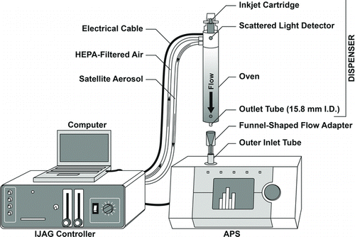 FIG. 1 Experimental Setup of APS and IJAG. The stream of particles generated by the IJAG was introduced to the APS via a funnel-shaped flow adaptor.
