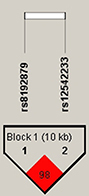 Figure 1 Haplotype block map for the SNPs of CYP7A1. Block includes rs8192879 and rs12542233. The LD between two SNPs is standardized by D′.