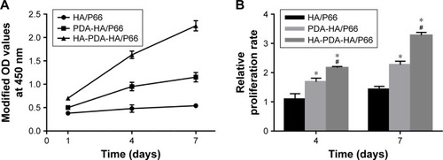 Figure 6 Cell proliferation on the substrates assessed by CCK-8 assay.Notes: (A) Proliferative tendency from 1 to 7 days. (B) Relative proliferation rate. The modified ODs at 4 and 7 days were normalized to the values at 1 day. *Significant difference compared with HA/P66 (P<0.05, n=3). #Significant difference compared with PDA-HA/P66 (P<0.05, n=3).Abbreviations: CCK-8, cell counting kit-8; HA/P66, hydroxyapatite/polyamide 66; PDA, polydopamine; PDA-HA/P66, polydopamine coating on hydroxyapatite/polyamide 66; HA-PDA-HA/P66, hydroxyapatite coating formation on hydroxyapatite/polyamide 66 assisted by polydopamine.