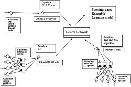 Figure 3. Schematic representation of SBELM, stacking different algorithms to achieve better performance to explain the event (sPTB < 35 weeks) stacked by Neural Network. The stacking was composed of CL < 25 mm, LR, and the best algorithm was obtained by machine learning.