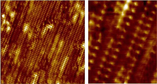 Figure 4. (colour online) STM images of a cleaved 1 1 0 surface of SmB; left:  nm, right:  nm. Although atomic corrugations can clearly be recognised, these surfaces are not as smooth as those obtain for 0 0 1 planes.