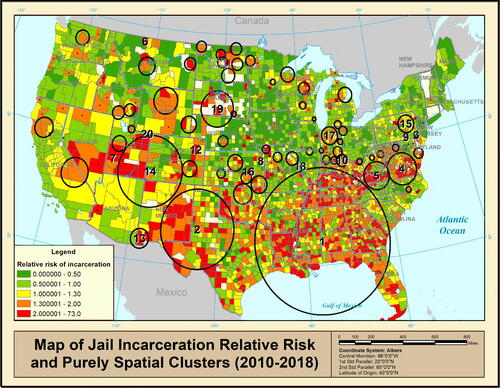 Fig. 1 Purely spatial clusters calculated with county-level jail incarceration counts and the population of each county using the discrete scan statistic with Poisson distribution. The clusters are overlaid onto a choropleth map of the relative risk of jail incarceration in each county. The 20 clusters with the highest likelihood-ratios are labeled.