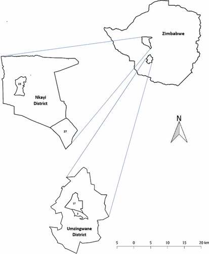 Figure 1. Location of Nkayi and Umzingwane districts in Zimbabwe. Notes: 15, 27, 3 and 17 represent Monki, Mathoba, Nhlekiyane and Crocodile wards, respectively.