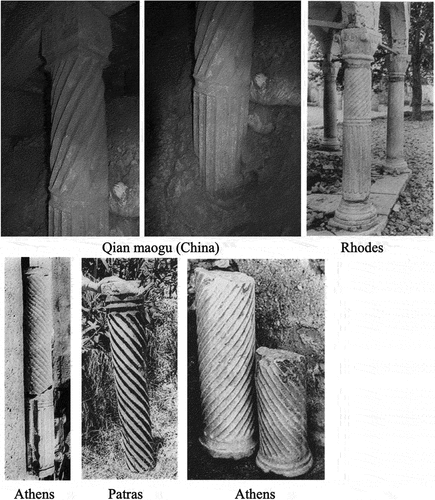 Figure 29. Upper left and middle: Column in Qian maogu eastern Han dynasty tomb. Upper right: Spiral fluted columns from Rhodes. Below: Spiral fluted columns from Greece (Benson Citation1959).