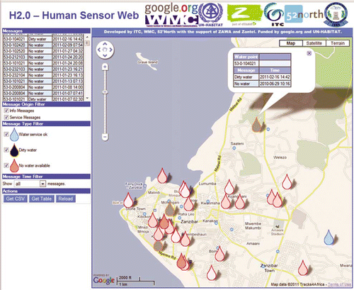 Figure 2.  Example of real-time, public display of citizens' reports on Google maps.