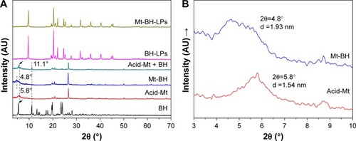 Figure 6 (A) XRD patterns of BH, acid-Mt, Mt-BH, acid-Mt + BH BH-LPs, and Mt-BH-LPs; (B) enlarged XRD patterns of acid-Mt and Mt-BH.Abbreviations: XRD, X-ray diffraction; Mt-BH-LPs, montmorillonite–betaxolol hydrochloride liposomes; BH, betaxolol hydrochloride; Mt, montmorillonite.