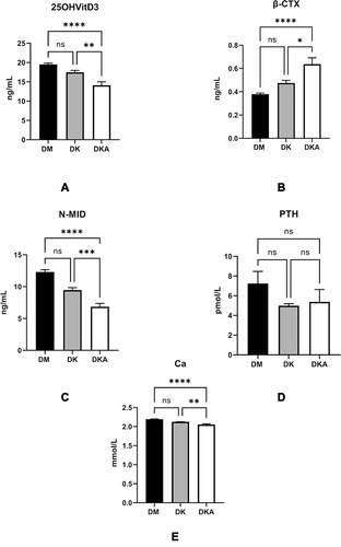 Figure 2 Diabetic ketoacidosis causes the serum 25-OH-VitD3, the main reservoir of vitamin D, and precursor of the active 1.25-OH-VitD3 (A), N-MID, the biomarkers of osteoblast activity (C), blood calcium, which contains ionized calcium (E), to decrease while the bone-breaking marker of osteoclast, β-CTX (B). Nevertheless, the PTH level, which increases blood calcium by promoting calcium reabsorption in bone, intestine, and kidney (D), did not display any disparity among groups.