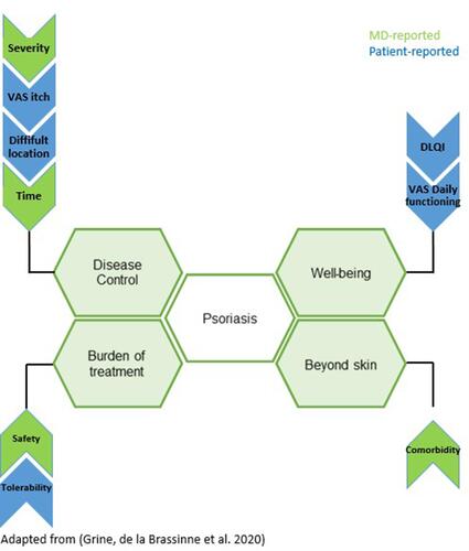 Figure 1 A Belgian treat to target approach consists of four target areas: disease control, patient well-being, comorbidities and burden of treatment. Metrics in blue are patient reported; metrics in green are physician reported. Adapted from Grine L, de la Brassinne M, Ghislain PD, et al. A Belgian consensus on the definition of a treat-to-target outcome set in psoriasis management. J Eur Acad Dermatol Venereol. 2020;34(4):676–684. © 2019 The Authors. Journal of the European Academy of Dermatology and Venereology published by John Wiley & Sons Ltd on behalf of European Academy of Dermatology and Venereology.Citation3