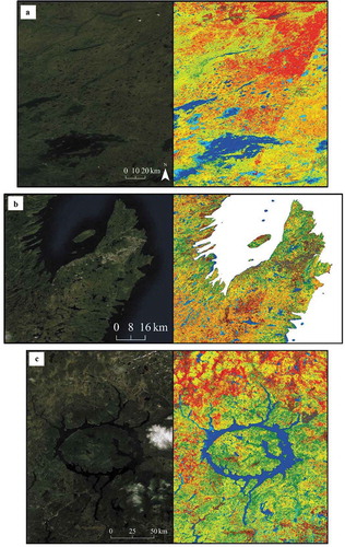 Figure 3. The zoomed imagery from the selected areas in Figure 2 (i.e. A, B, C), illustrating the visual accuracy of the produced provincial wetland inventory maps (see Figure 2 for the legend of the maps).