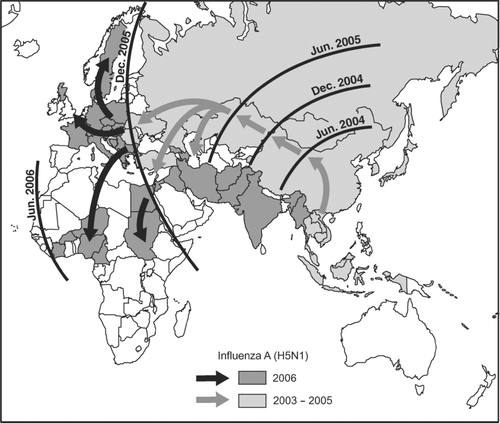 Figure 1 Countries in which avian influenza A (H5N1) was reported in wild birds and poultry, December 2003 to May 2006. Shading categories identify World Organisation for Animal Health (OIE) member states in which outbreaks were first confirmed in the period 1 January–18 May 2006 (dark shading) and in prior time periods (light shading). Isochrones are modified from evidence presented by the Emergency Preparedness and Response Branch, U.N. World Food Programme, and show the approximate position of the panzootic wave front at six-month intervals. Vectors indicate the inferred corridors of panzootic diffusion. Summary details of the first reported outbreak(s) of H5N1 in OIE member states are given in the Appendix. Source: Based on information in Disease Information (Paris: OIE, 12 December 2003–18 May 2006).