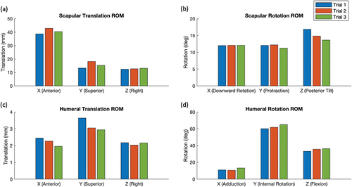 Figure 6. Range of motion calculations for three trials (blue, red, and green) for scapulothoracic (a) translations and (b) rotations, and glenohumeral (c) translations and (d) rotations. Mean absolute deviations were (a) 1.1 mm (b) 0.5º (c) 0.2 mm (d) 1.4º.