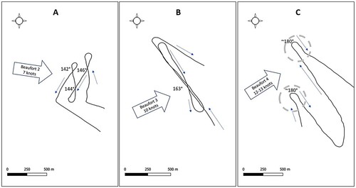 Figure 4. Tacking angles achieved sailing Ma‘agan Mikhael II in various wind conditions when beating at 55° to the apparent wind: A indicates tacking angles of ∼144° in Beaufort 2 conditions with calm sea; B indicates a tacking angle of 162° in Beaufort 3 wind and sea conditions; and C indicates the replica ship being able to make no more than 90° to the true wind in Beaufort 4 conditions with associated swell and choppy wind waves (D. Gal).