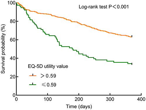 Figure 3 Survival curves in relation to 1-year all-cause mortality stratified by EQ-5D utility value.