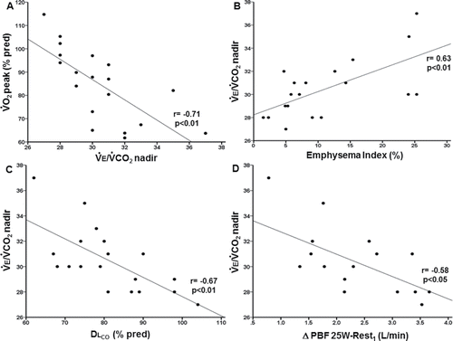 Figure 4. Correlates of ventilatory inefficiency (higher ventilation (E)/carbon dioxide output (CO2) nadir) in patients with mild-to-moderate COPD (N = 19 with exception on panel D (N = 16): (A) lower peak oxygen uptake (O2), (B) higher emphysema extent by thoracic CT, (C) lower lung diffusing capacity for carbon monoxide (DLCO), and (D) blunted increase in pulmonary blood flow (PBF) from rest to mild exercise (25 W).