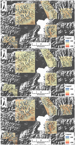 FIGURE 4. Differences in glacier surface elevation during the periods investigated after relative adjustments, (a) SRTMTOPO (1968–1999); (b) ASTER-SRTM (1999–2007); (c) ASTER-TOPO (1968–2007).