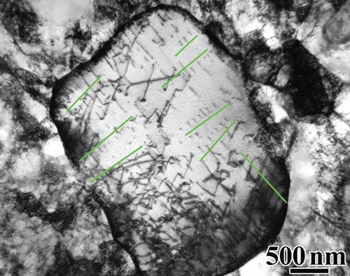 Figure 2. A 4-µm soft grain surrounded by a hard ultrafine-grained matrix in heterogeneous lamella Ti. Dislocation pile-ups are marked by green lines.