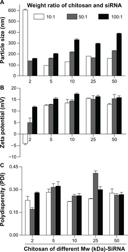 Figure 1 Characterization of chitosan-siRNA complexes. Size (nm) (A), zeta potential (mV) (B), and PDI (C) of chitosan-siRNA complexes.Note: The chitosan-siRNA complexes were at a chitosan to siRNA Sjogren syndrome antigen weight ratio of 10:1, 50:1, and 100:1, respectively.Abbreviations: PDI, polydispersity index; MW, molecular weight; siRNA, small interfering RNA.