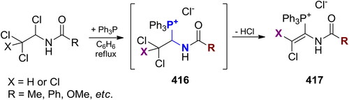 Scheme 240. Reaction of Ph3P with N-(1,2,2-trichloroethyl)amides[Citation805] or N-(1,2,2,2-tetrachloroethyl)amides.[Citation806]