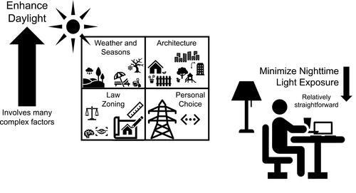 Figure 1 A basic social-ecological model for circadian lighting. Maximizing daylight exposure might be more physiologically relevant for improving sleep-wake rhythms and sleep quality than minimizing nighttime light exposure. However, enhancing access to daylight involves many complex factors. Beyond obvious ones such as weather and time of year, daylight exposure depends on architecture and the physical environment where a person resides. The distribution of daylight is affected by the availability of surrounding vegetation and the layout of urban centers, especially as it pertains to the height and spacing between tall buildings. Windows and design features that facilitate entry of daylight (eg, atria) are not primary considerations in the floor plans for most public spaces. Broad adoption of solar rights that mandate minimal standards of daylight exposure for building occupants and inform the layout of new construction can augment a person’s sleep/circadian health. Personal choices about how a person spends their time, whether indoors with electric lighting or outdoors during the day, can add or subtract from these policy efforts.