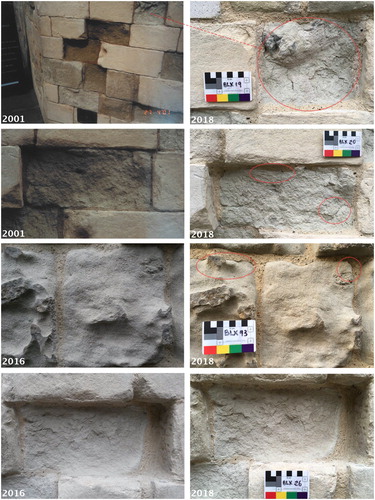 Figure 3. Reigate stone at the Bell Tower, ToL, treated with HCT during the 2001 trials and 2015 conservation work. Greater decay is visible in untreated control (top right), than in stone treated during trial (second row); however, on-going, rapid decay is visible in powdering, darker stones (third row) compared to flaking, lighter stones (bottom row) treated in 2015.