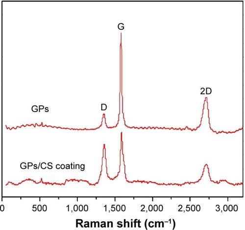 Figure 3 Raman patterns of the pure GPs and GPs/CS composite coating.Abbreviations: GPs, graphene plates; CS, calcium silicate.