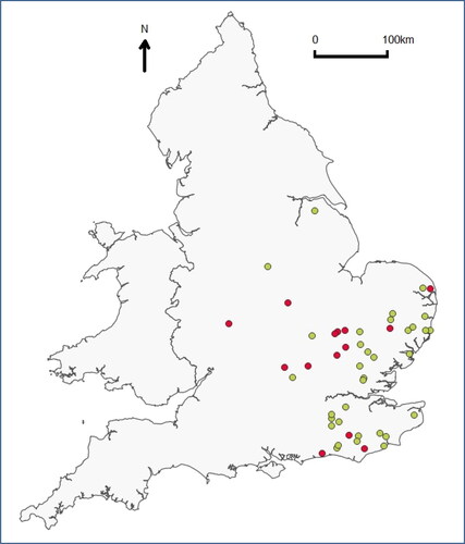Figure 4. Distribution of surviving post mills in UK (total: 47 mills): With dendro’ data Display full size Without dendro’ data Display full size