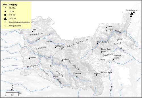 Figure 5 EB I settlements within the study area, according to general size categories. Empty circle = sites with ‘undetermined size’; question mark = ambiguous site.