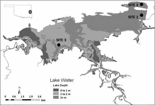 Figure 1 Lake Wister showing lake depths and sediment sampling sites where intact sediment cores were collected in June 2010 (adapted from PVIA 2009); the GPS coordinates were Site 1: 34°56′33.84″N, −94°43′24.07″W; Site 2: 34°56′45.83″N, −94°43′12.48″W; and Site 3: 34°55′10.31″N, −94°47′20.79″W.