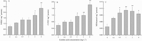 Figure 5. Parameters for Cylindrospermopsis raciborskii incubated with 0, 0.1, 0.5, 1, 2 and 4 mg L−1 of linoleic acid for 48 h. A, Superoxide dismutase (SOD) activity; B, catalase (CAT) activity; C, malondialdehyde (MDA) concentration. Error bars represent ± SD for triplicate treatments.