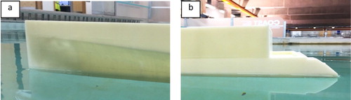 Figure 2. Images showing the 3D printed model hull during testing of design draught and displacement: (a) bow section and (b) stern section.