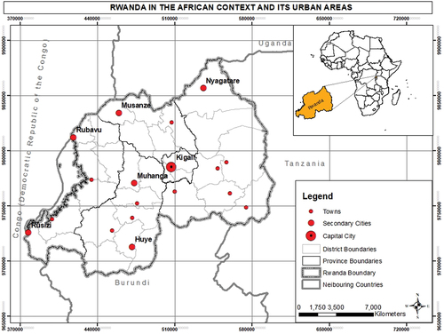 Figure 4. Rwanda in the African context and its urban areas.