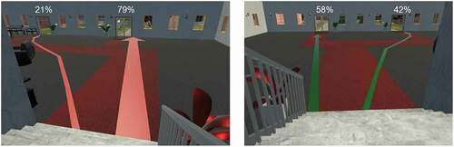 Figure 6. Visualization of ground floor exit door choice: retracing participants (left), participants following evacuation signs (right).