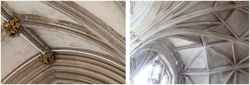 Figure 15. Norwich cathedral cloister eastern bay 7 highlighting the longitudinal rib apex joining the boss stone at higher height than the transverse ridge rib (left) and Gloucester cathedral south transept showing ribs converging at different levels.