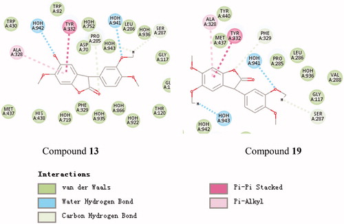Figure 3. Schematic presentations of the putative BuChE binding modes with compound 13 and compound 19.