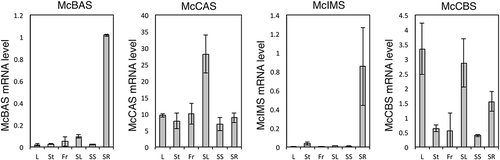 Figure 7. Quantitative RT-PCR analysis of each OSC mRNA levels in the leaves (L), stems (St), fruits (Fr), seedling leaves (SL), seedling stems (SS) and seedling roots (SR). McActin was utilized as a reference. Data represents means ± SD from three independent experiments.