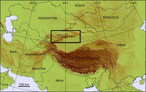 Figure 1. Overview of the mountainous regions of central Asia with the black box showing the map that covers the Tian Shan study area (638,000 km2).
