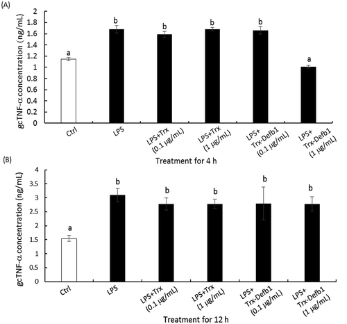 Figure 5. Effect of Trx-Defb1 on LPS-induced gcTnf-α secretion in grass carp HKM.Grass carp HKM were exposed to Trx-Defb1 (0.1 and 1 μg/mL) in the presence of LPS (20 μg/mL) for 4 h (A) and 12 h (B). The gcTnf-α in the supernatant was measured by ELISA. Trx was set as the control. Data presented are expressed as Mean ± SEM (N = 4) which are the representative results from three individual experiments. The alphabet denotes the significant differences at p < 0.05.