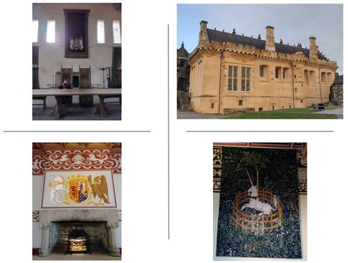 Figure 3. Stirling Castle unicorns. Sources: all © Lorna Philip. Clockwise from top left: canopy above the High Table in the Great Hall, embroidered with the Royal Arms of Scotland; exterior of the Great Hall which is surmounted by two unicorns; the Unicorn in Captivity, one of the Hunt of the Unicorn tapestries on display in the royal apartments; the Royal Standard of Mary of Guise in the Queen’s Apartments.