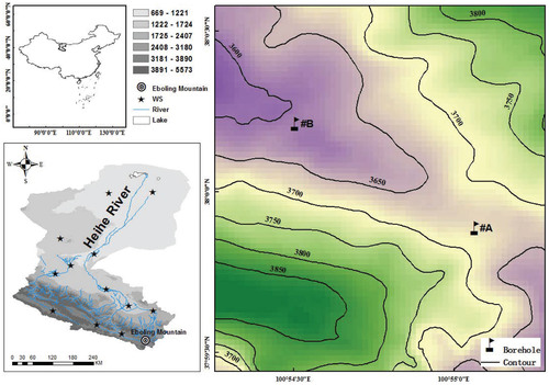 FIGURE 1. Geographic location of the study area and the distribution of sampling sites (stars [WS: weather stations]; flags [sampling sites: Site A and B]). Contour interval = 50 m.