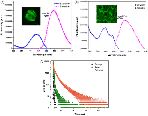 Figure 7. Fluorescence excitation and emission spectra of (a) azine and (b) polyazine; (c) fluorescence lifetime decay profile of azine and polyazine.