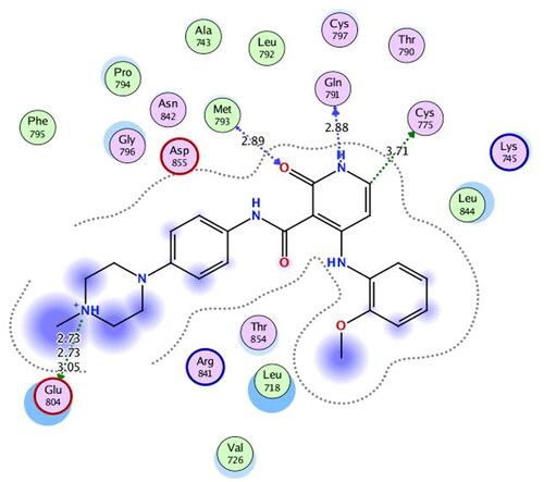 Figure 13. 2D binding interactions of co-crystallised 5Q4 undocked ligand at EGFR-kinase domain.