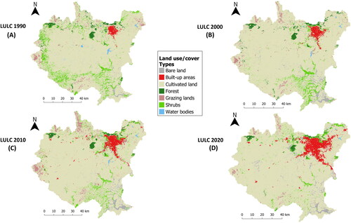 Figure 7. Spatial distribution of classified LULC for (a) 1990, (b) 2000, (c) 2010, and (d) 2020.