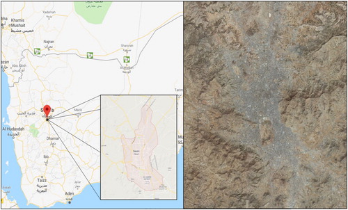Figure 2. Location and satellite image of Sana’a, Yemen. (Source: Google Map. Note: Not drawn to scale, for representative purpose only.)