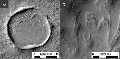 Figure 6. Viscous flow features (VFFs): (a) concentric crater fill (CCF), and (b) glacier-like forms (GLFs).