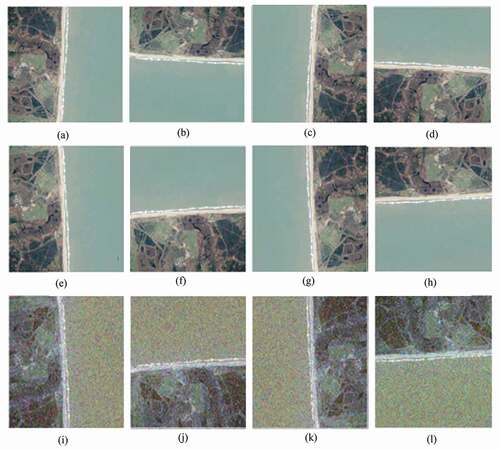 Figure 3. Transformations used in data augmentation (a) original image (cropped to 480 × 480 pixel size), (b) – (d) original image rotated by 90°, 180°, and 270°, (e) original image flipped vertically, (f)–(h) flipped image rotated by 90°, 180°, and 270°, (i)–(l) Gaussian noise added to the flipped images. Transformations (b)–(h) were simultaneously conducted on the binary images.