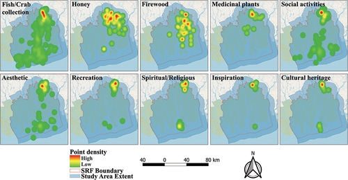 Figure 2. Spatial distribution of material and non-material landscape values. Intensity decreases from red to yellow to green. The Sundarbans Reserve Forest (SRF), and the study area extent means the Sundarbans mangrove forest core zone including 10 km buffer zone.