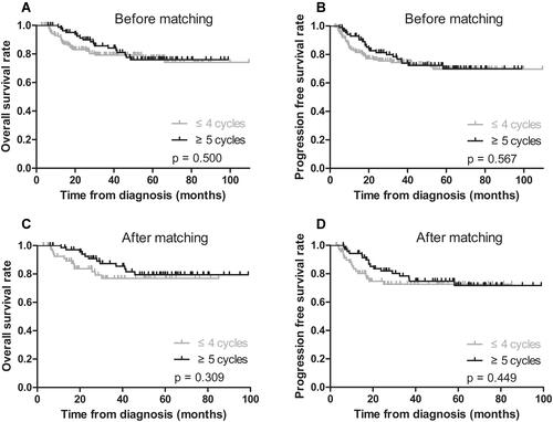 Figure 1 Kaplan-Meier survival curves in patients treated with ≤4 cycles and ≥5 cycles of chemotherapy before and after matching. (A) Before matching, the 3-year OS rates between the ≤4 cycles and ≥5 cycles groups were 82.5% and 87.2% (p = 0.500). (B) Before matching, the 3-year PFS rates between the ≤4 cycles and ≥5 cycles groups were 77.1% and 79.1% (p = 0.567). (C) After matching, the 3-year OS rates between the ≤4 cycles and ≥5 cycles groups were 81.9% and 88.9% (p = 0.309). (D) After matching, the 3-year PFS rates between the ≤4 cycles and ≥5 cycles groups were 76.4% and 80.6% (p = 0.449).